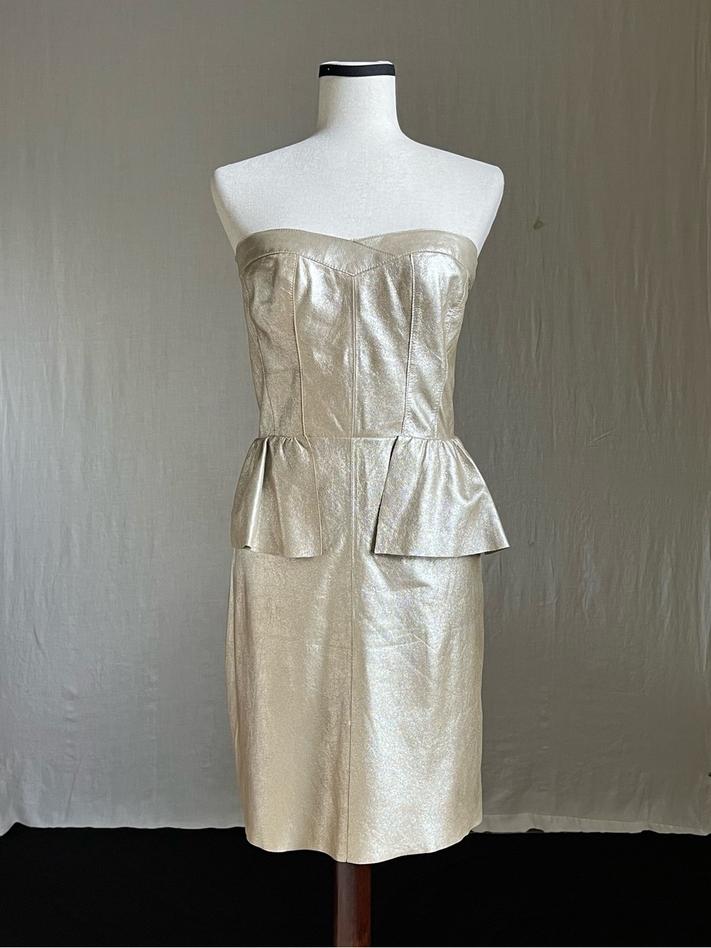 NWOT Rebecca Taylor - Leather Matte Gold Bustier Peplum Dress, Corset Seams - 8